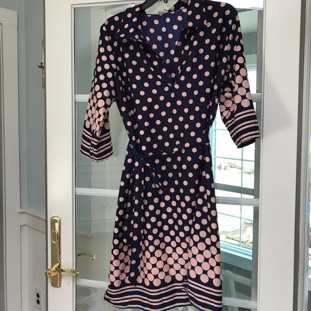 Navy dress with cream/tan polka dots and stripes